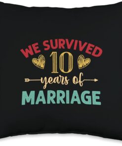 10th Wedding Anniversary Gifts Stuff We Survived 10 Years of Marriage Couple 10th Anniversary Throw Pillow 1