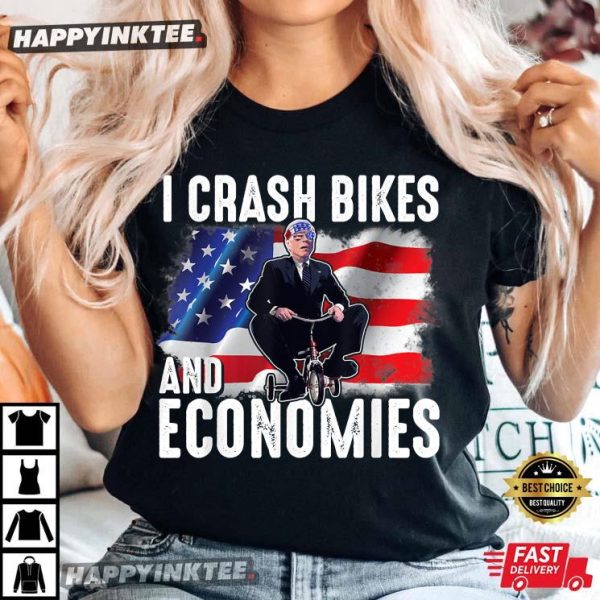 Funny USA Flag I Crash Bikes And Economies Joe Biden T-Shirt