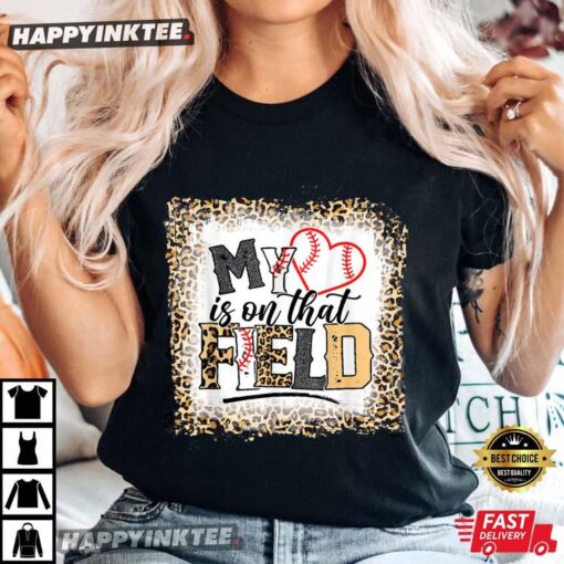 Gift For Mom Bleached Leopard Baseball Mom My Heart Is On That Field T-Shirt