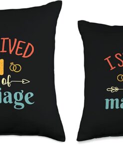 Couple 1st Anniversary Gifts Co I Survived 1 Year of Marriage Retro Couple 1st Anniversary Throw Pillow 2
