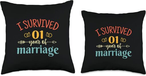 Couple 1st Anniversary Gifts Co, I Survived 1 Year of Marriage Retro Couple 1st Anniversary Throw Pillow