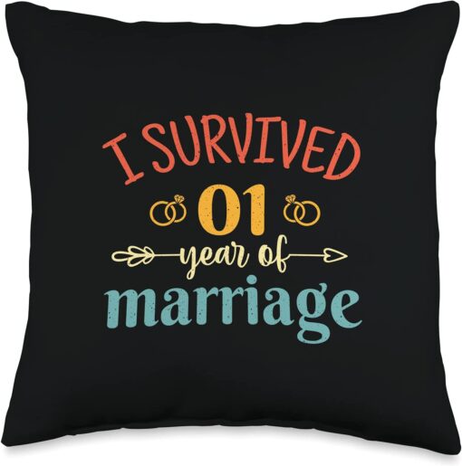 Couple 1st Anniversary Gifts Co, I Survived 1 Year of Marriage Retro Couple 1st Anniversary Throw Pillow