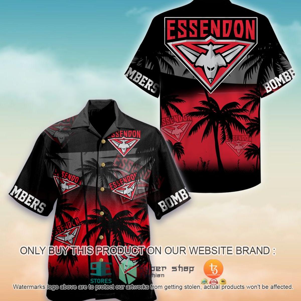Afl Essendon Bombers Red Black Hibiscus Tropical Hawaiian Shirt Size From S To 5xl