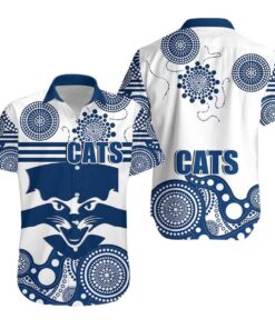 Afl Geelong Cats White Blue Indigenous Style Hawaiian Shirt For Men Women Fans