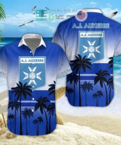 Aj Auxerre Multi Logo With Coconut Tree Patterns Hawaiian Shirt Best Gift Ideas