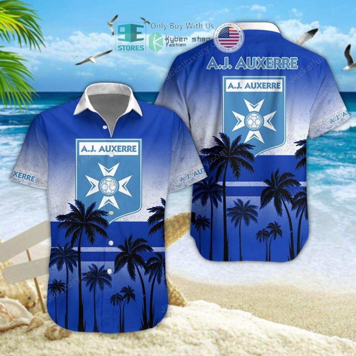 Aj Auxerre Multi Logo With Coconut Tree Patterns Hawaiian Shirt Best Gift Ideas