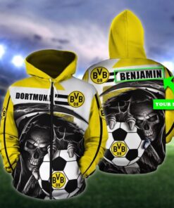 Borussia Dortmund Custom Name Yellow Black Skull Zip Hoodie Best Gift For Fans
