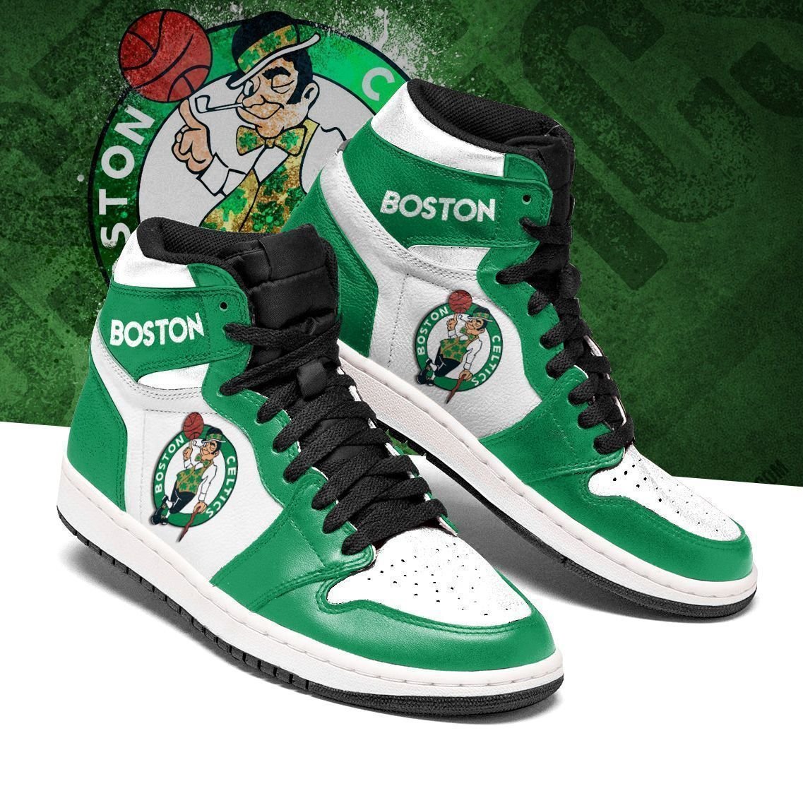 Boston Celtics Green White Air Jordan 1 High Sneakers For Fans