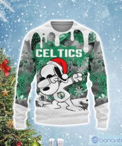 Boston Celtics White Green Snoopy Dabbing Ugly Christmas Sweater