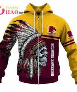 Brisbane Broncos Custom Name Number Native Skull Zip Hoodie Best Gift For Fans