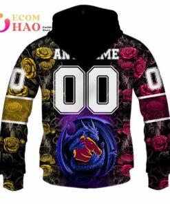 Brisbane Broncos Custom Name Number Rose Dragon Zip Hoodie Gifts For Lovers