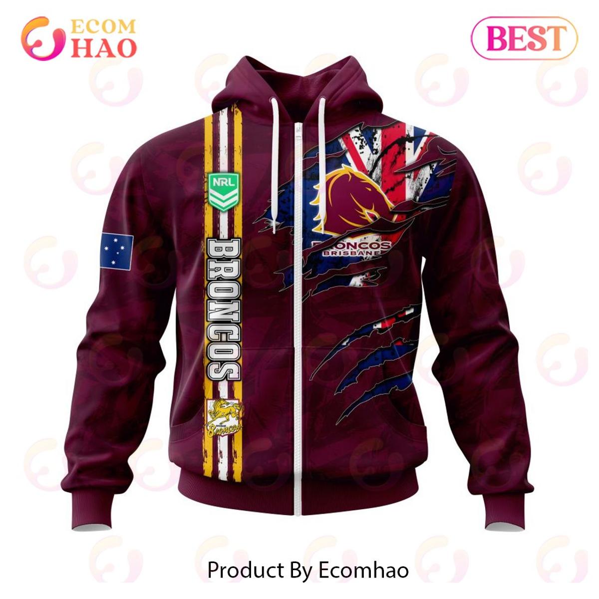 Brisbane Broncos Custom Name Number Camo Zip Hoodie Gift For Fans