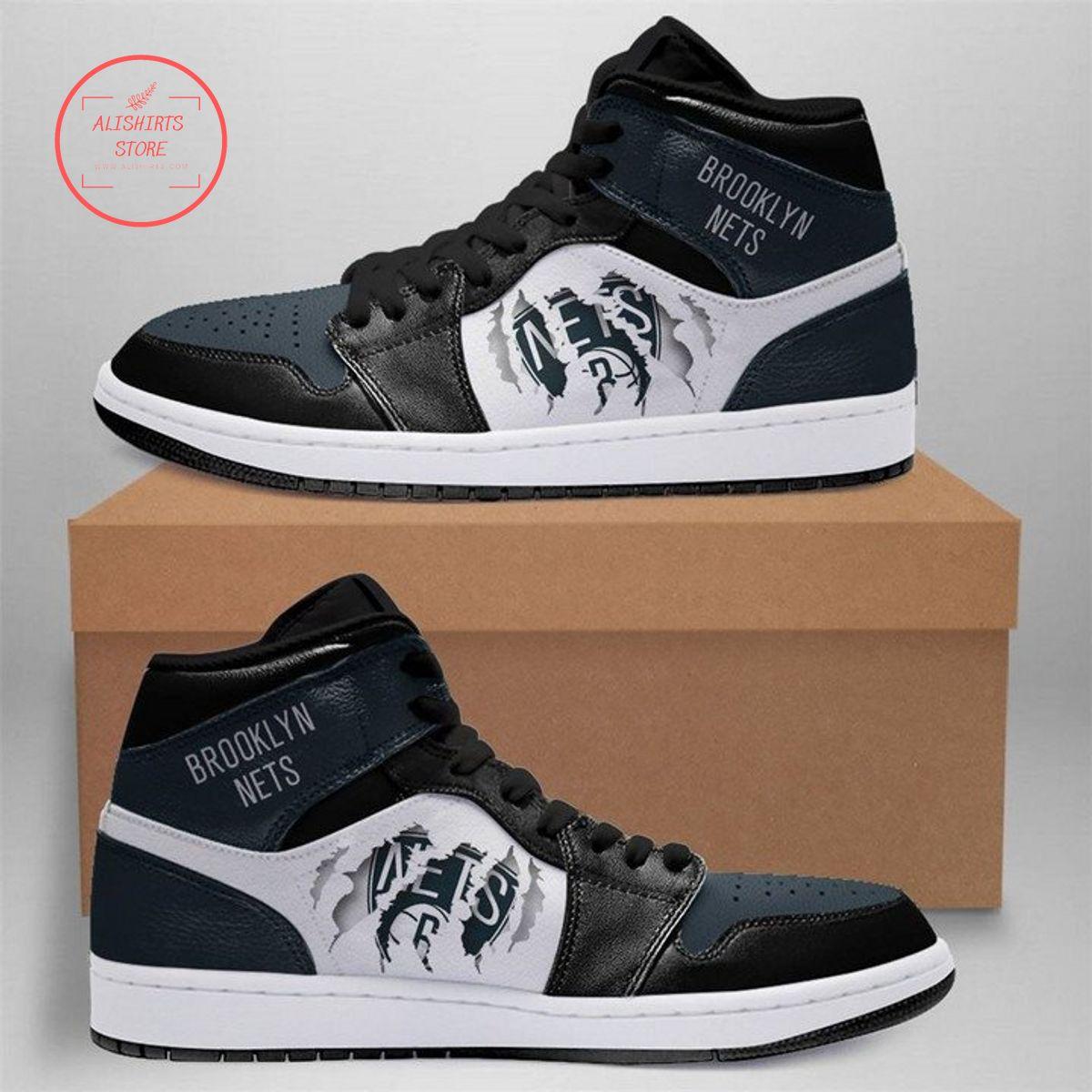 Brooklyn Nets Gray Black Air Jordan 1 High Sneakers For Fans