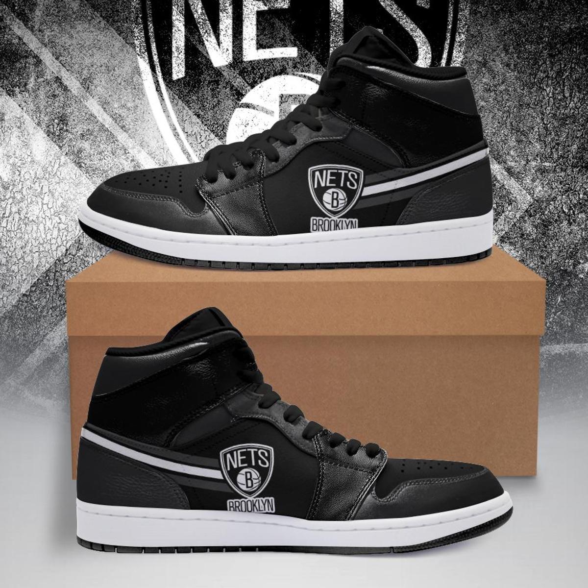 Brooklyn Nets Gray Black Air Jordan 1 High Sneakers For Fans