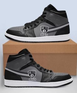 Brooklyn Nets Gray Black Air Jordan 1 High Sneakers For Fans