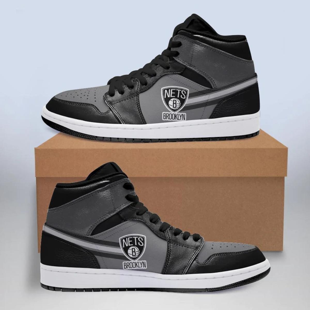 Brooklyn Nets Gray Black Air Jordan 1 High Sneakers For Fans