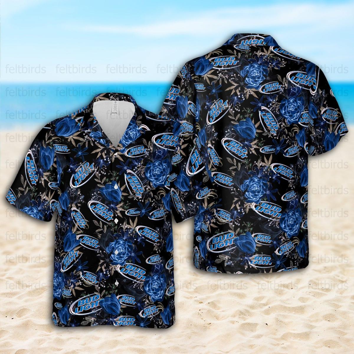 Bud Light White Blue Coconut Tree Tropical Hawaiian Shirt Gifts Idea