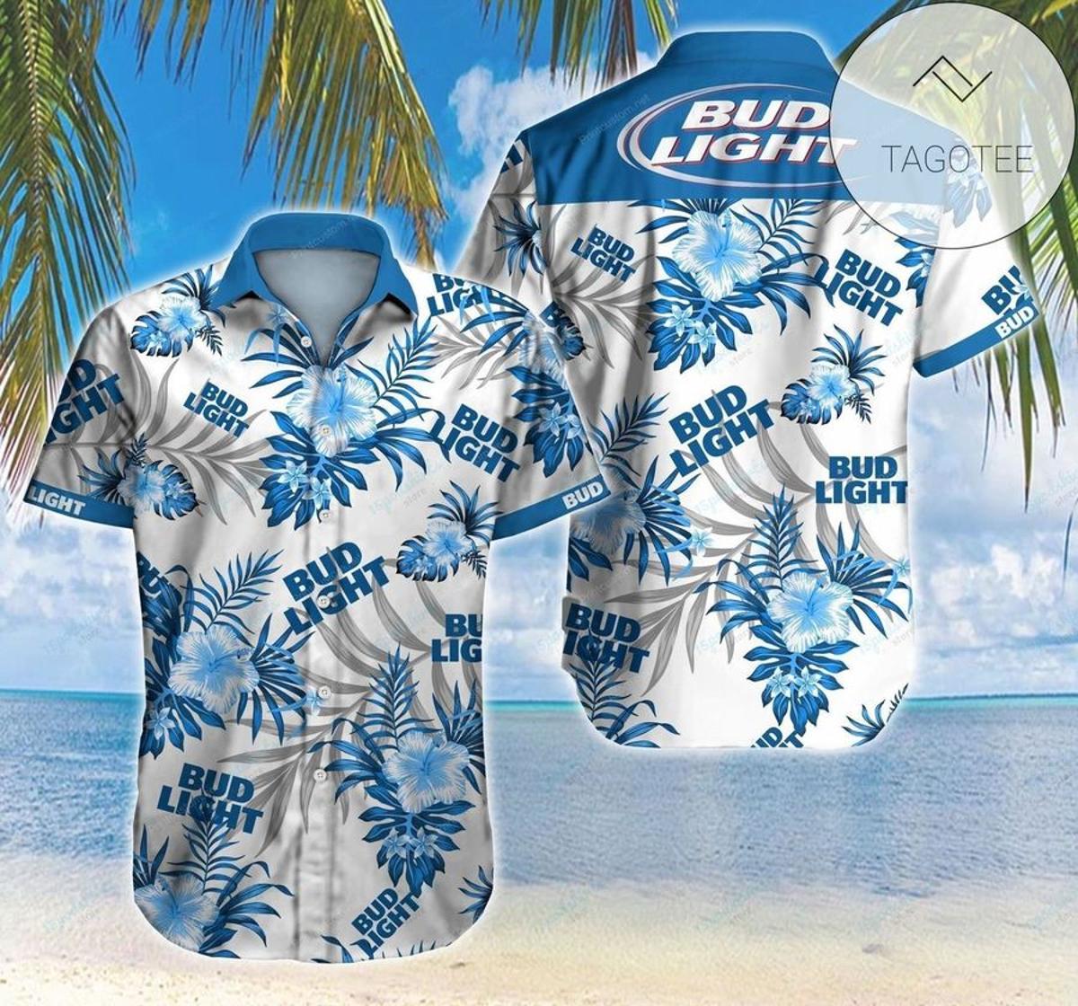 Bud Light White Blue Coconut Tree Tropical Hawaiian Shirt Gifts Idea