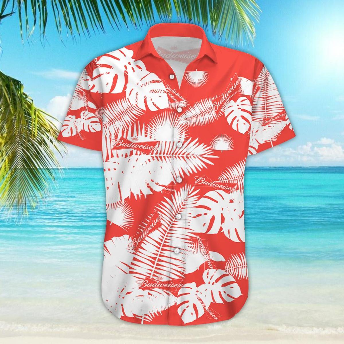 Budweiser White Red Floral Tropical Hawaiian Shirt For Men Women