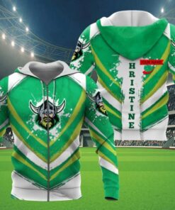 Canberra Raiders Custom Name White Green Zip Hoodie Gift For Fans