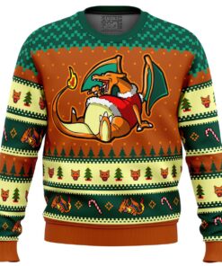 Charizard Eating Candy Cane Pokemon Funny Ugly Christmas Sweater Gift For Fans