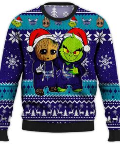 Charlotte Hornets Baby Groot And Grinch Best Friends Ugly Christmas Sweater Gift