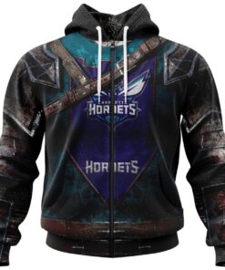Charlotte Hornets Custom Name Number Teal Warrior Armor Zip Hoodie Gift For Fans