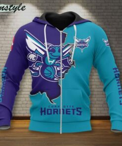 Charlotte Hornets Teal Dark Purple Mascot Scratch Zip Hoodie Gift