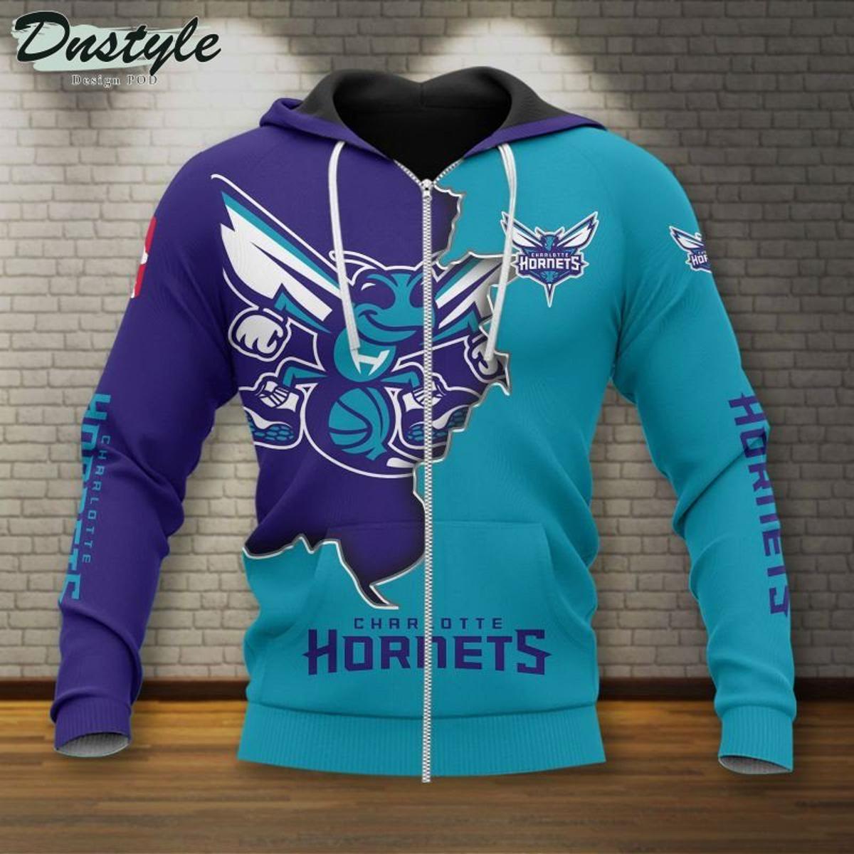 Charlotte Hornets Teal Dark Purple Mascot Scratch Zip Hoodie Gift