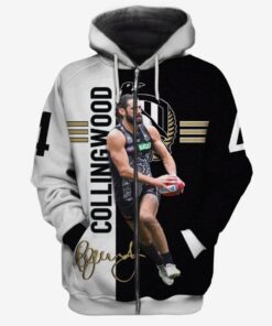 Collingwood Magpies Broodie Grundy 4 Zip Up Hoodie Black And White 1