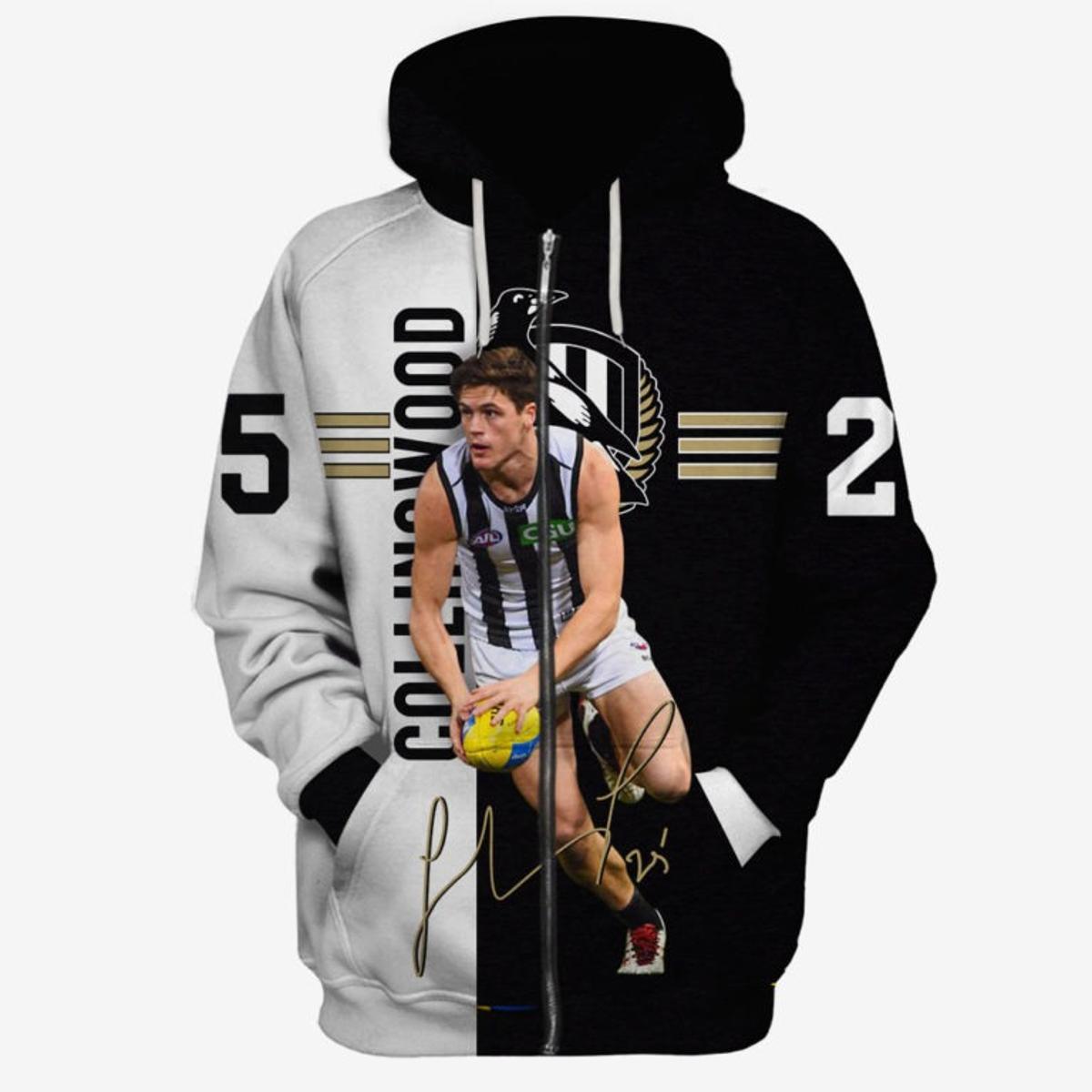 Collingwood Magpies Broodie Grundy #4 Zip Hoodie Black And White