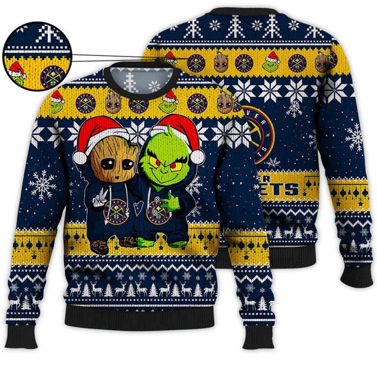 Denver Nuggets Black Yellow Baby Groot And Grinch Best Friends Best Ugly Christmas Sweater