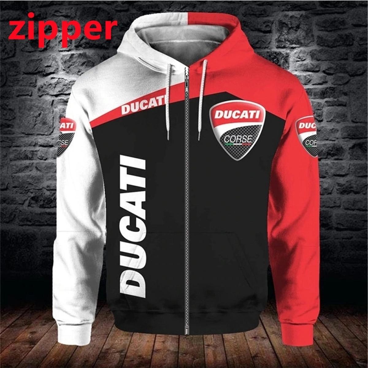 Ducati White Black Red Zip Hoodie Best Gift For Fans