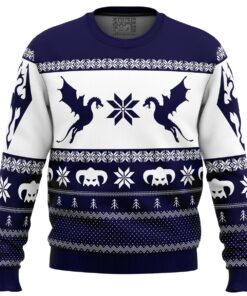 Elder Scrolls Series Skyrim Dragon White Navy Ugly Christmas Sweater For Game Lovers