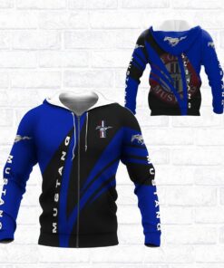 Ford Mustang Black Blue Zip Hoodie Gift