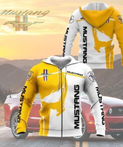 Ford Mustang White Yellow Zip Hoodie For Fans