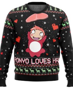 Gake No Ue No Ponyo Loves Ham Ugly Christmas Sweater Gift For Studio Ghibli Fans 1