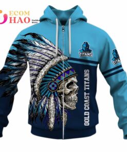 Gold Coast Titans Custom Name Number Native Skull Zip Hoodie Gift For Fans