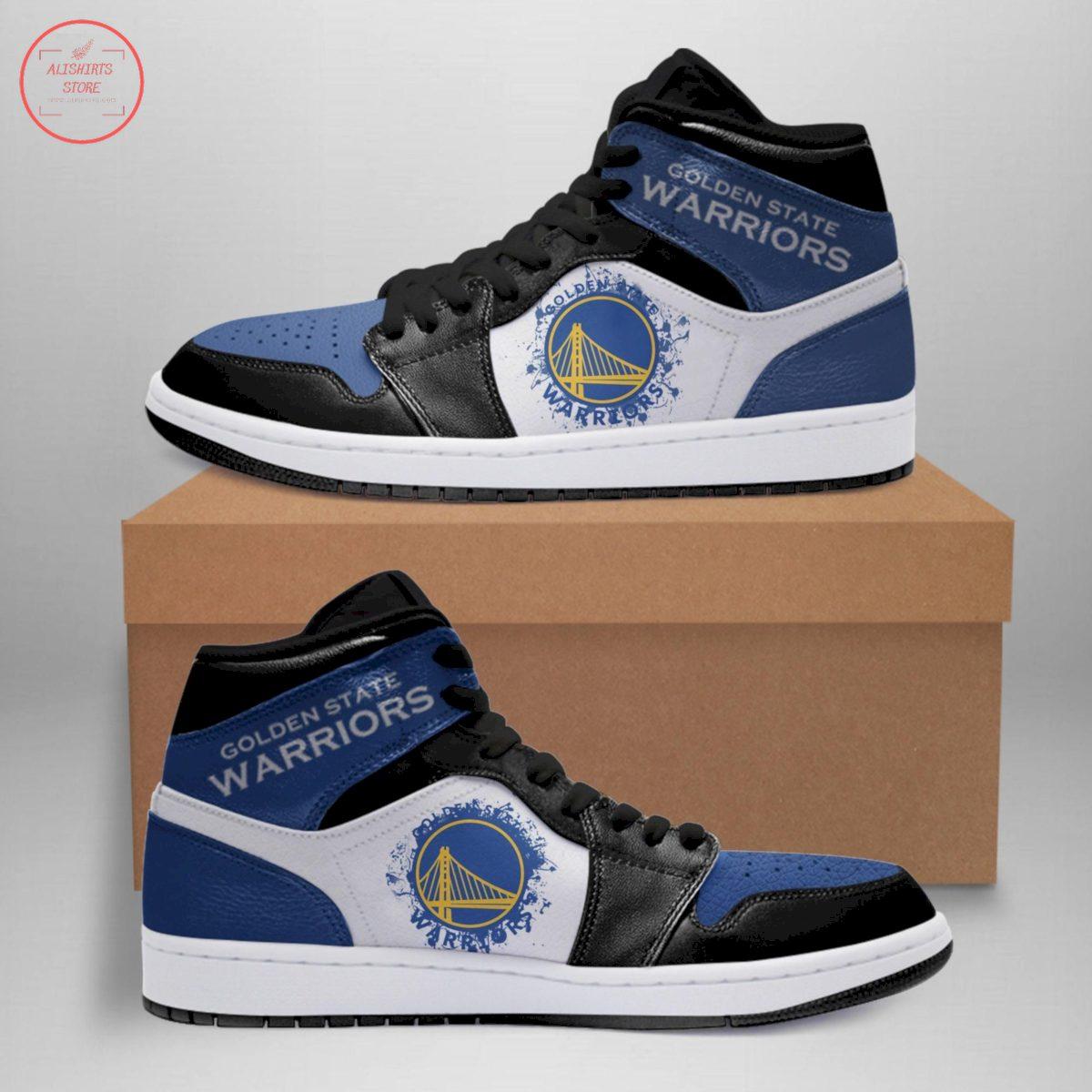 Golden State Warriors Black Blue Air Jordan 1 High Sneakers For Fan