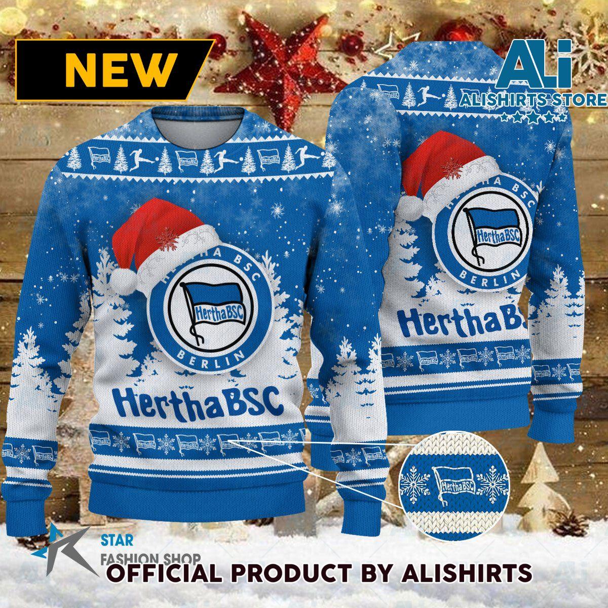 Hertha Bsc Santa Hat Ugly Christmas Sweater For Fans