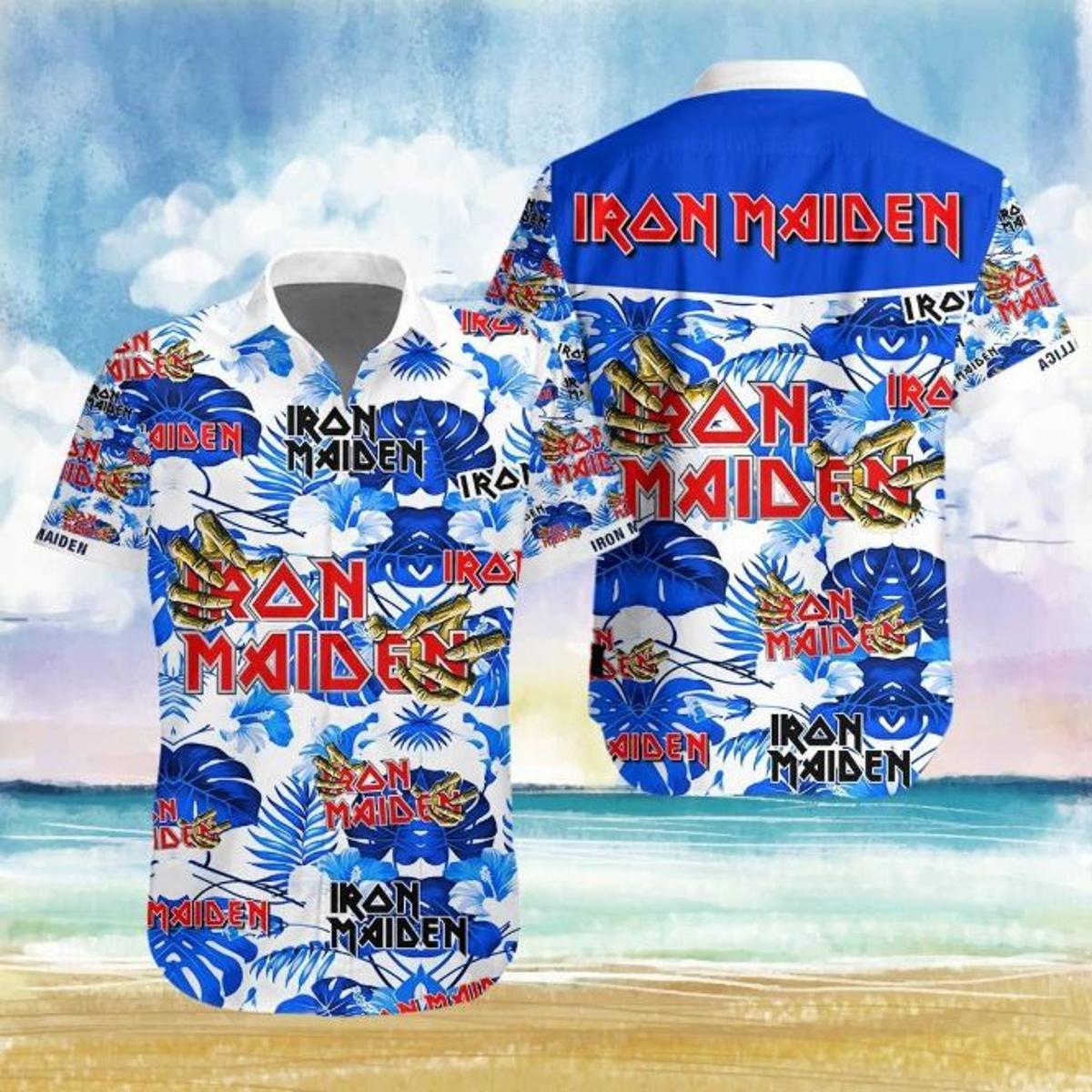 Iron Maiden Leaves Patterns White Blue Hawaiian Shirt Best Gift For Fans