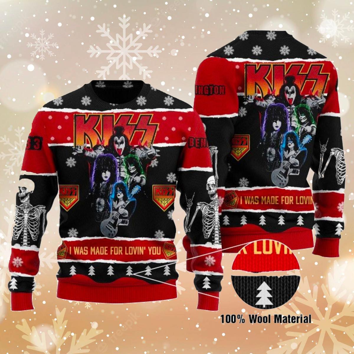 Kiss Roll ‘n Rock I Was Made For Lovin You Ugly Christmas Sweater