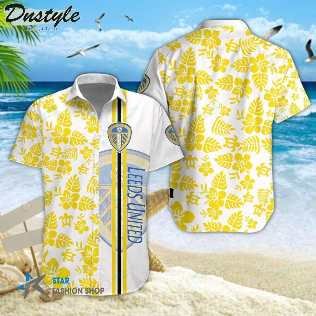 Leeds United Big Team Logo Coconut Trees Blue Vintage Hawaiian Shirt Best Gift For Fans