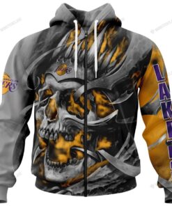 Los Angeles Lakers Custom Name Number Golden Gray Skull Zip Hoodie Funny Gift For Fans