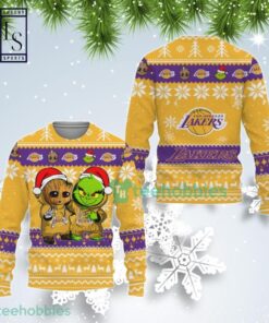 Los Angeles Lakers Gold Purple Baby Groot And The Grinch Are Best Friends Christmas Sweater