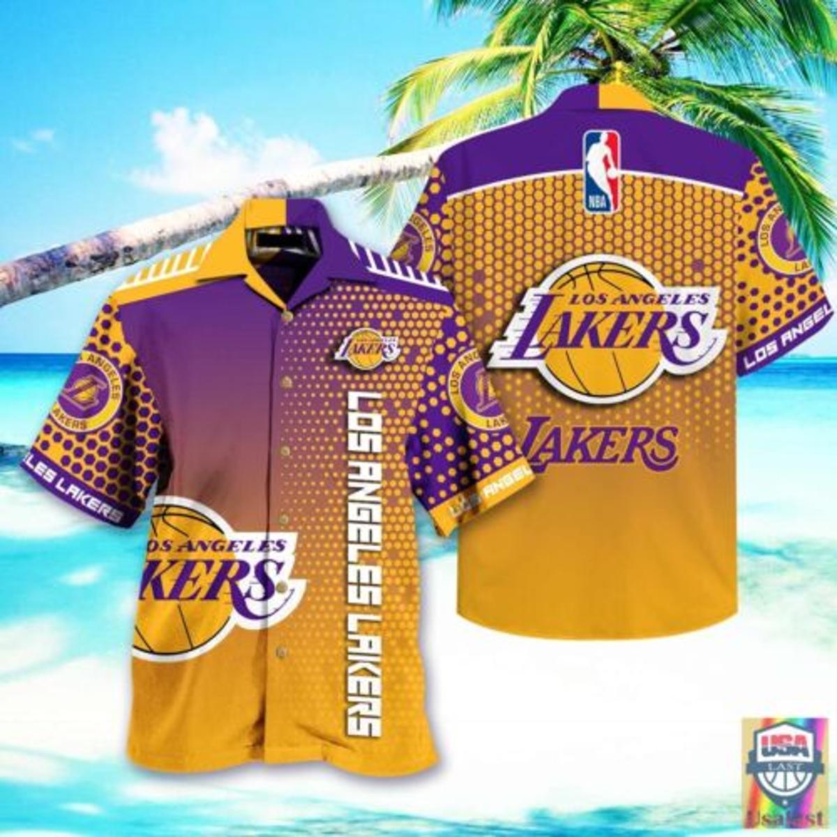 Nba Los Angeles Lakers Multi Logo Purple Yellow Aloha Shirt For Fan Women Man