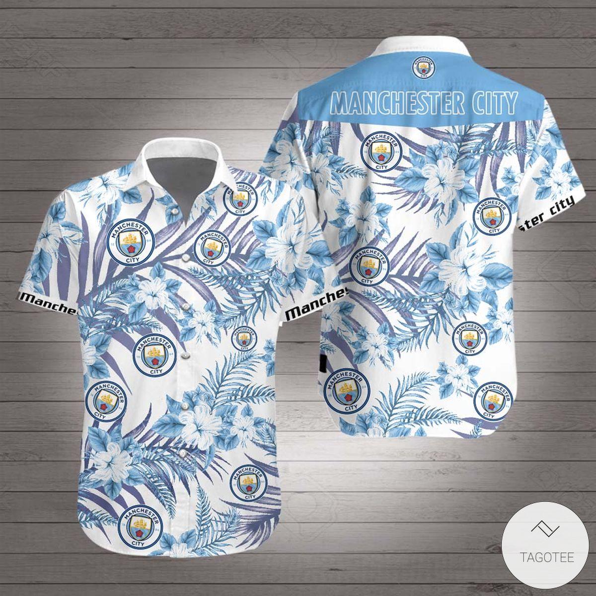 Manchester City Logo Tropical Leaves Hawaiian Shirt For Men Women Fans