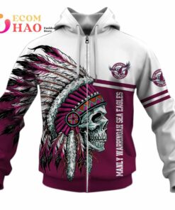 Manly Warringah Sea Eagles Custom Name Number Native Skull Zip Hoodie Best Gift For Fans