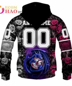 Manly Warringah Sea Eagles Custom Name Number Rose Dragon Zip Hoodie Best Gift For Fans