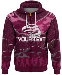 Manly Warringah Sea Eagles Custom Text Anzac Day Zip Up Hoodie Red 2